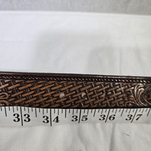 BELT Deer Basket Weave Embossed Brown Leather Western Belt - Size 34 To 41.  44" - Picture 8 of 15